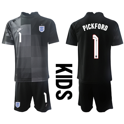 Camisa de Futebol Inglaterra Jordan Pickford #1 Goleiro Equipamento Principal Infantil Mundo 2022 Manga Curta (+ Calças curtas)